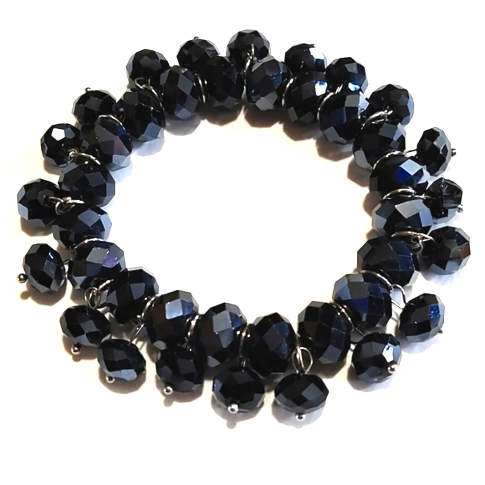 VINTAGE JET BLACK IRIDESCENT SHIMMERY CRYSTAL STRETCH BRACELET
